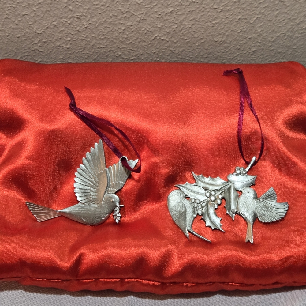 Vintage Amos Pewter 1989 Chickadees And 1991 Peace Ornaments with Red Ribbons